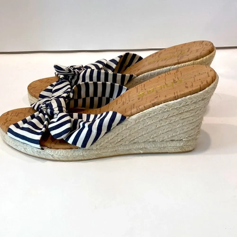 Chico's Espadrille Striped Bow Slip-On Wedge Sandals size 9
